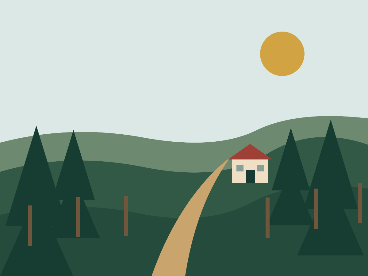 Illustrated East Texas pines, pasture, fence line and country drive leading toward a small barn